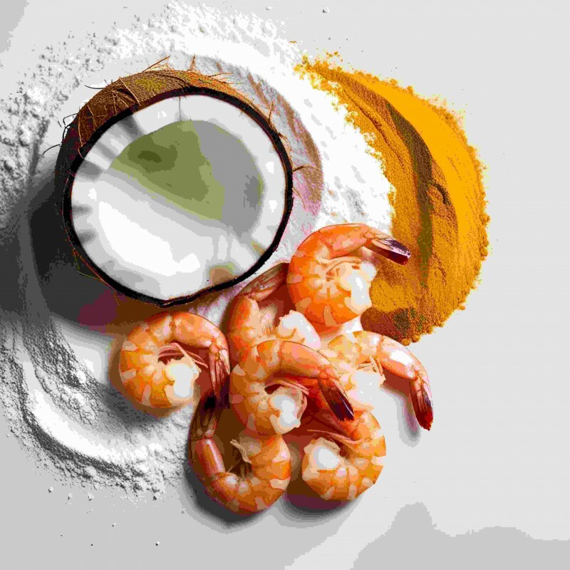 Camarão com glacê de coco e curry